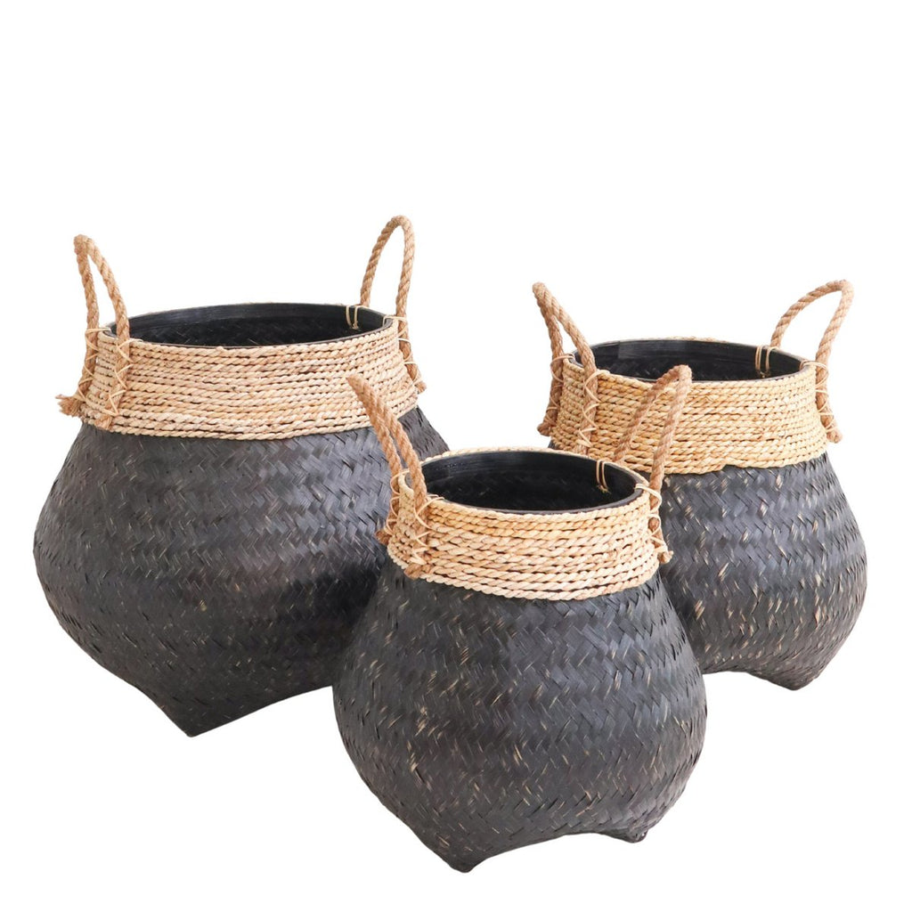 Black Plant Basket Decorative Basket Large Laundry Basket BENOA (black) Hand - woven Bamboo and Seagrass (3 sizes) - LUXONAS HOME