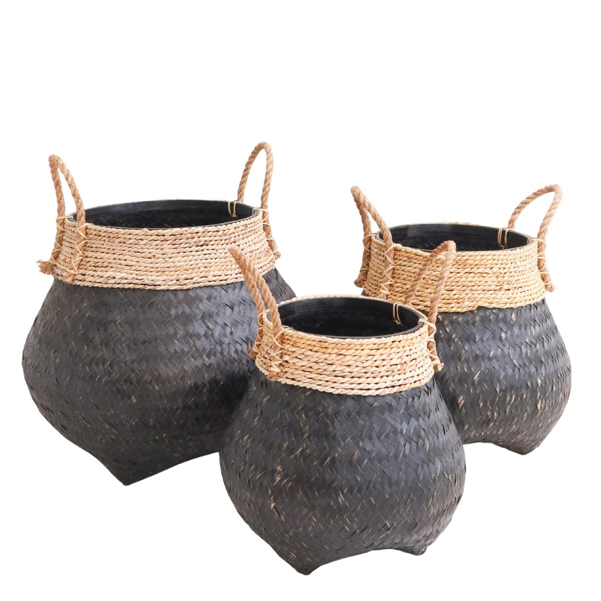 Black Plant Basket Decorative Basket Large Laundry Basket BENOA (black) Hand - woven Bamboo and Seagrass (3 sizes) - LUXONAS HOME