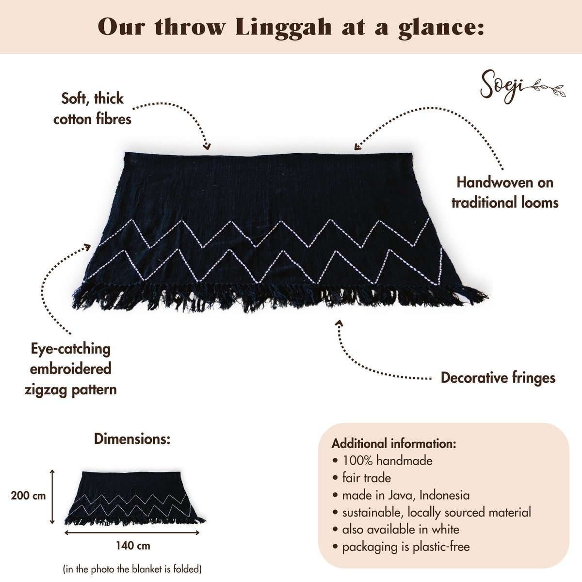 Black Throw Handwoven – Boho Bedspread – Fringes and Zigzag Pattern Plaid – Cosy Sofa Blanket – Cotton Throw 140x200 cm LINGGAH - LUXONAS HOME
