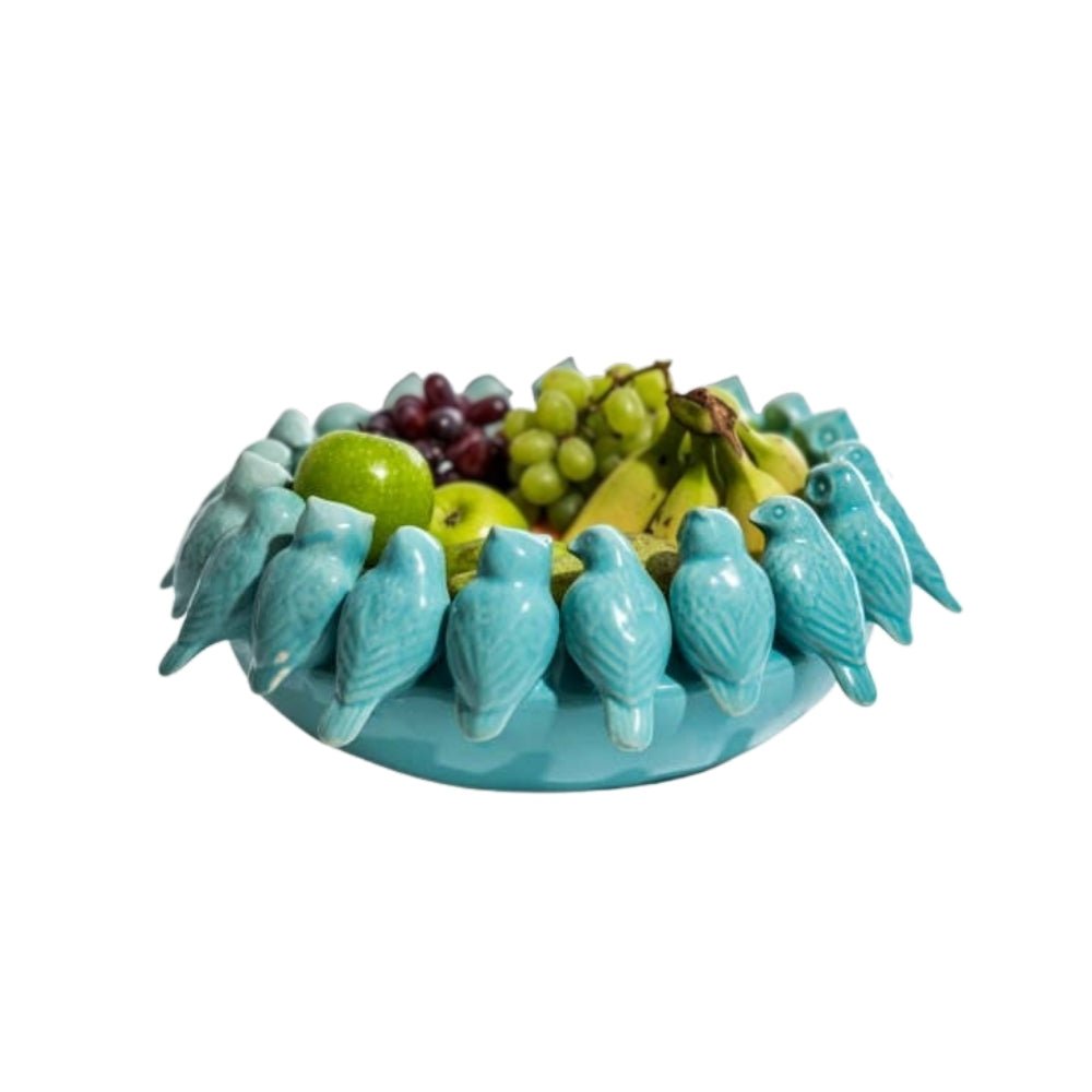 Blue Ceramic Bowl Featuring a Flock of Birds Design - LUXONAS HOME