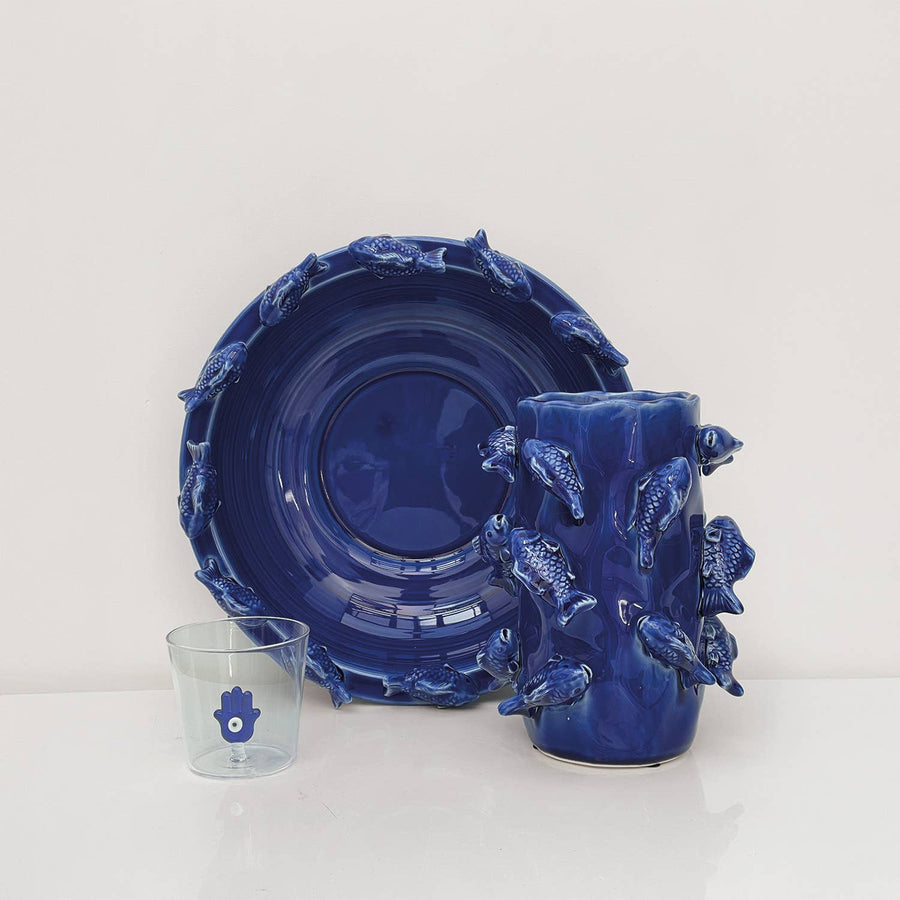 Blue Ceramic Fish Centerpiece Bowl
