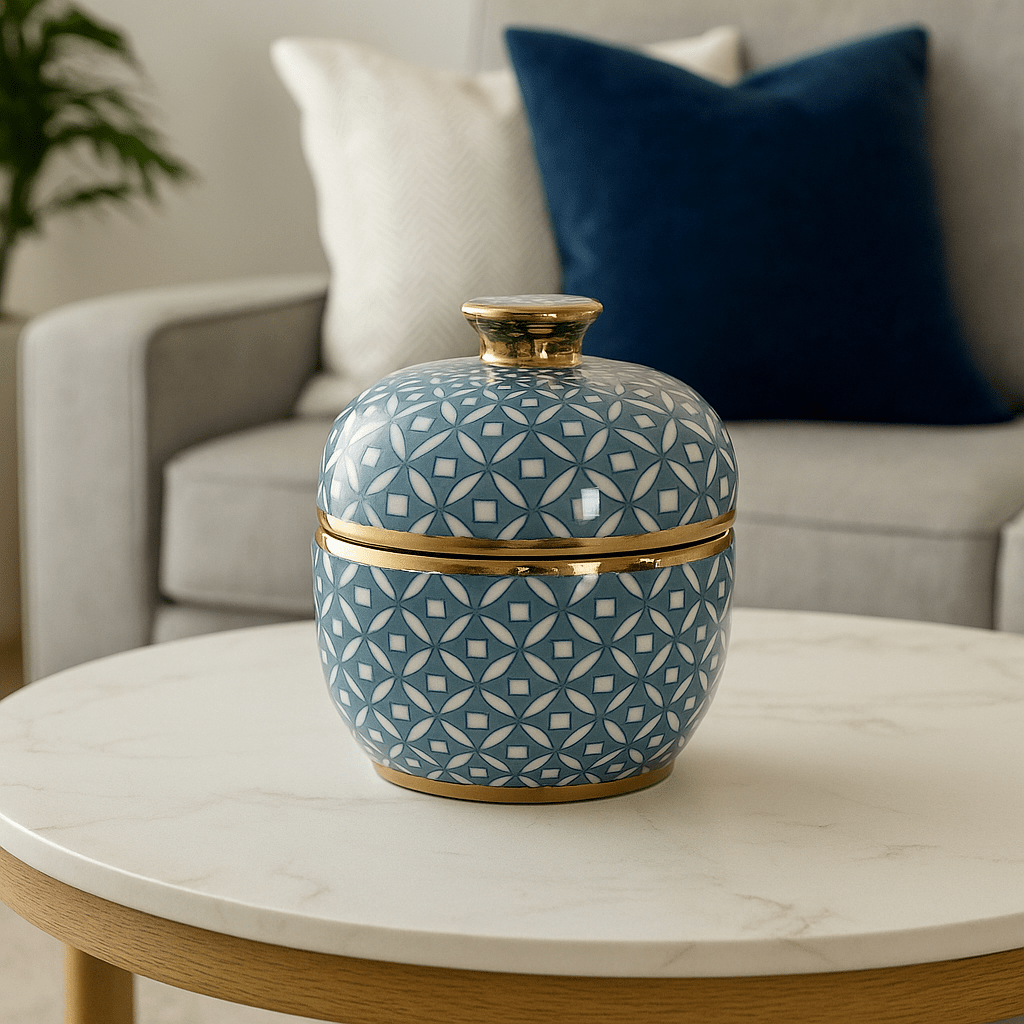 Blue Pattern w/Gold Rim Large Jar - LUXONAS