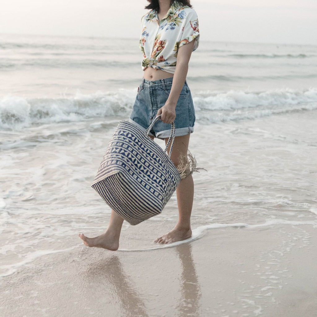 Blue Shopping Bag | Beach Bag | Tote Bag KIDUL made of Rattan - LUXONAS HOME