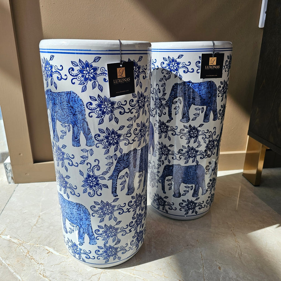 Blue & White Elephant Ceramic Umbrella Stand
