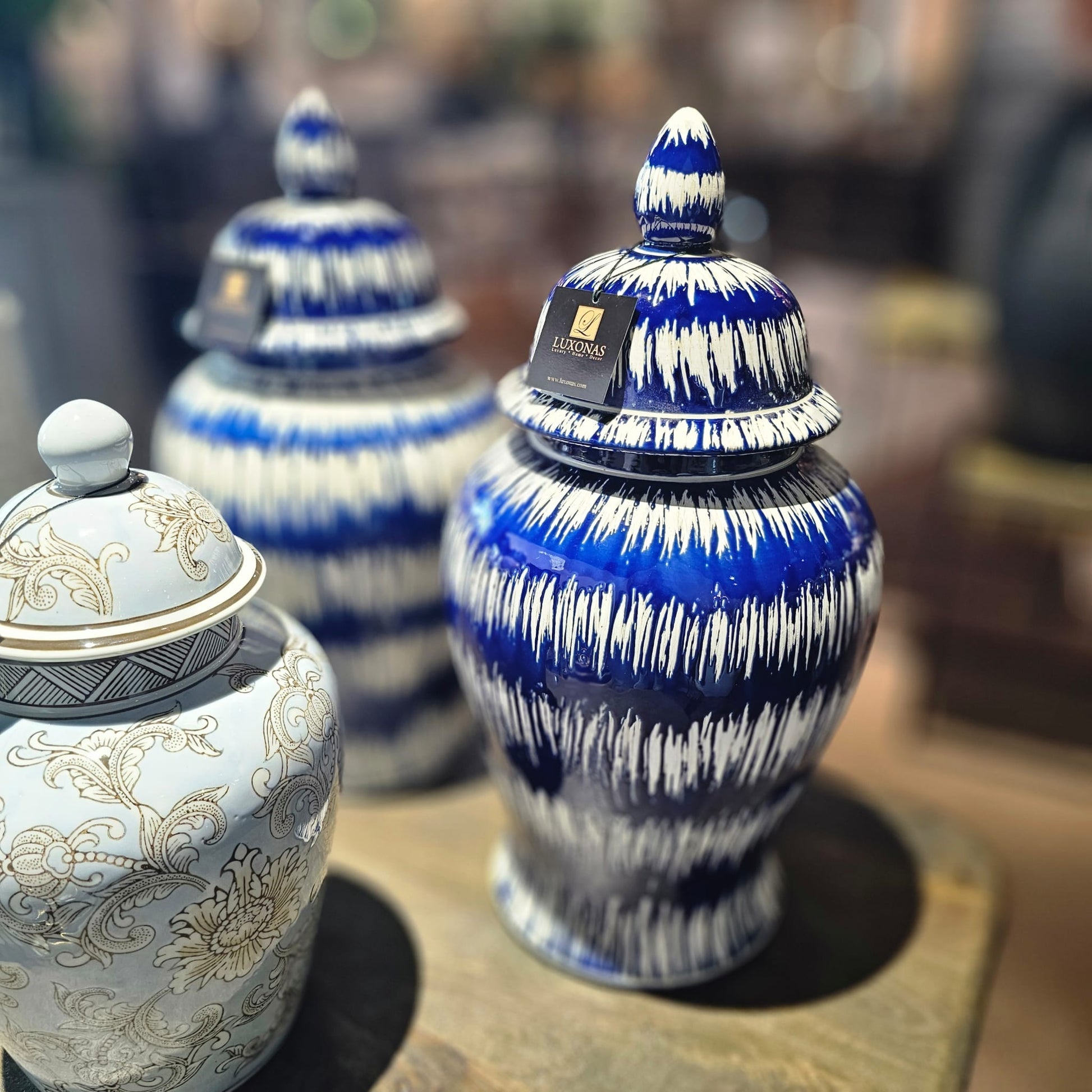 Blue & White Ikat Ginger Jar - LUXONAS