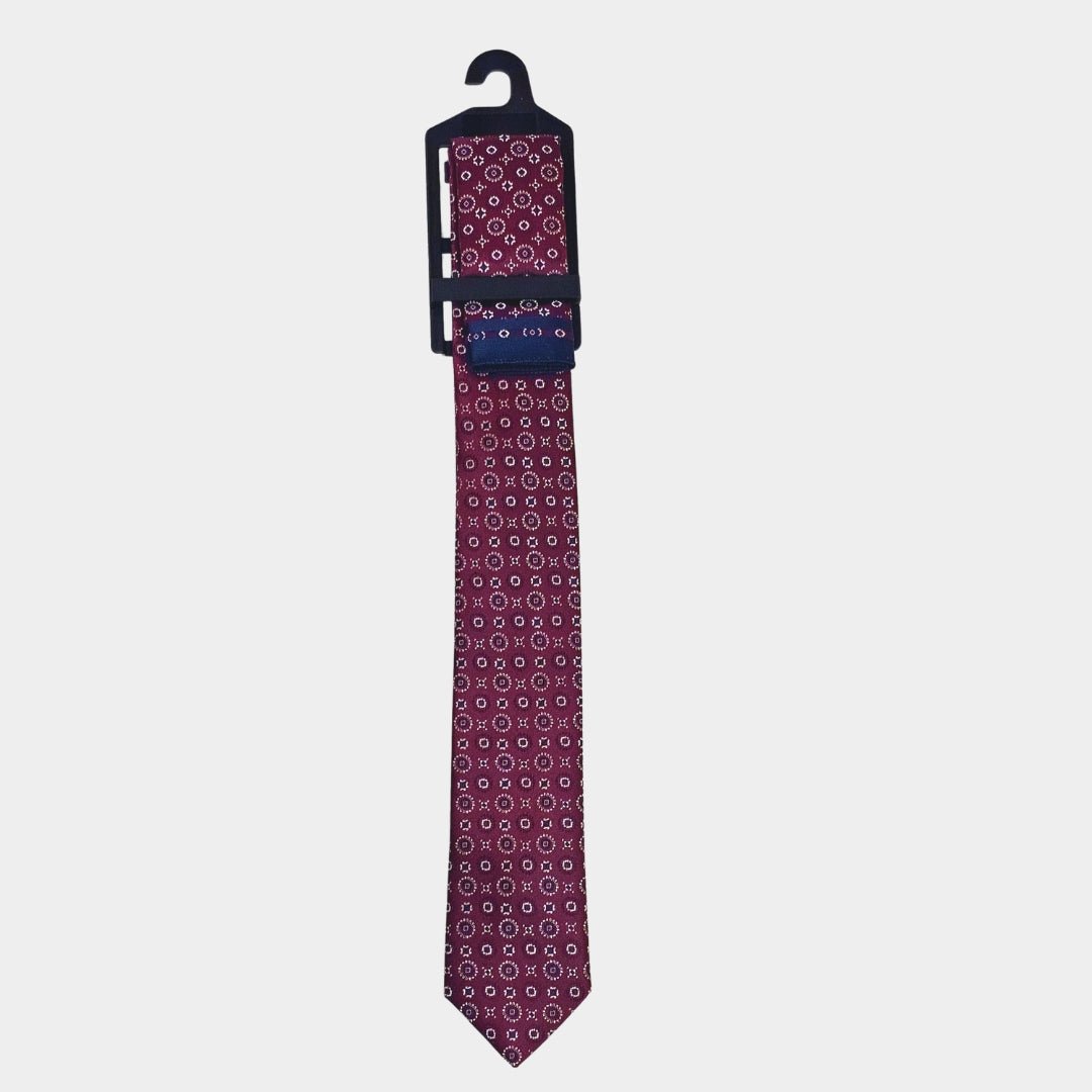 Blue/Burgundy Design Tie and Pocket Square Set
