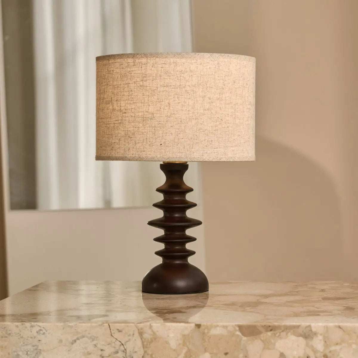 Bodhi Dark Brown Wooden Lamp with Beige Lampshade – Elegant Lighting for Any Room - LUXONAS HOME