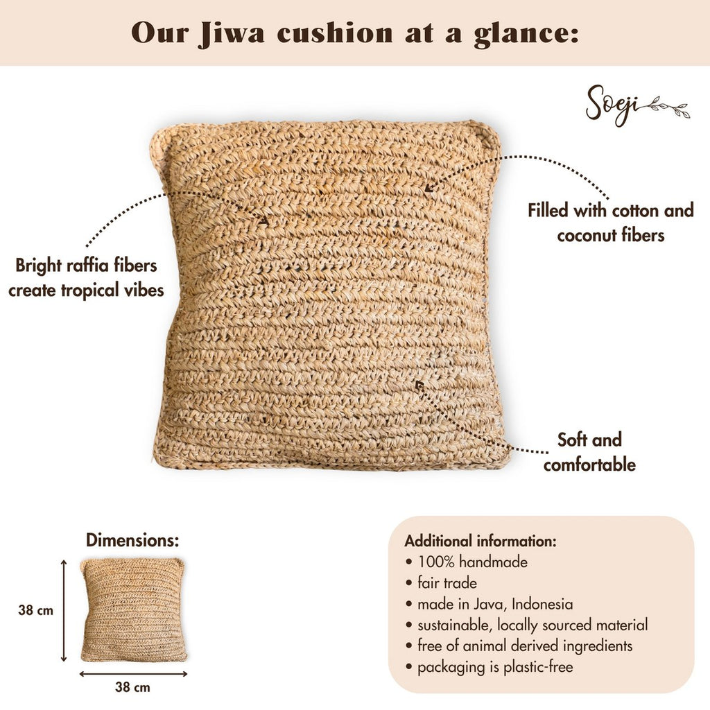Boho Raffia Cushion – 40x40 cm Decorative Woven Cushion – Sofa Cushion – Natural Beige Square Pillow Handmade from Raffia JIWA - LUXONAS HOME