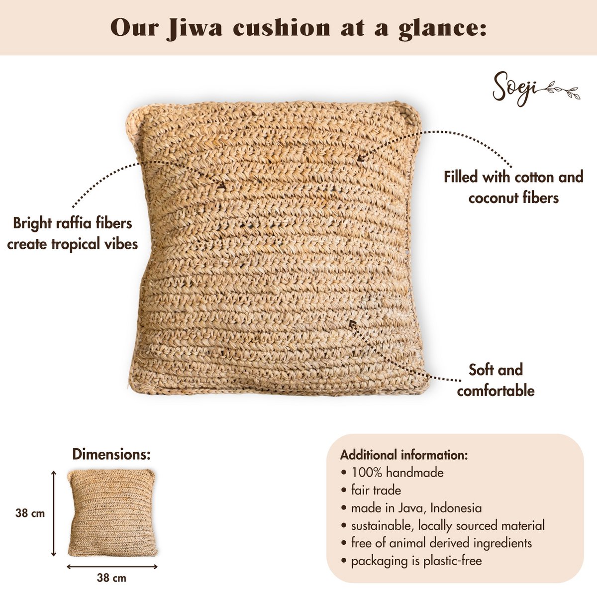 Boho Raffia Cushion – 40x40 cm Decorative Woven Cushion – Sofa Cushion – Natural Beige Square Pillow Handmade from Raffia JIWA - LUXONAS HOME