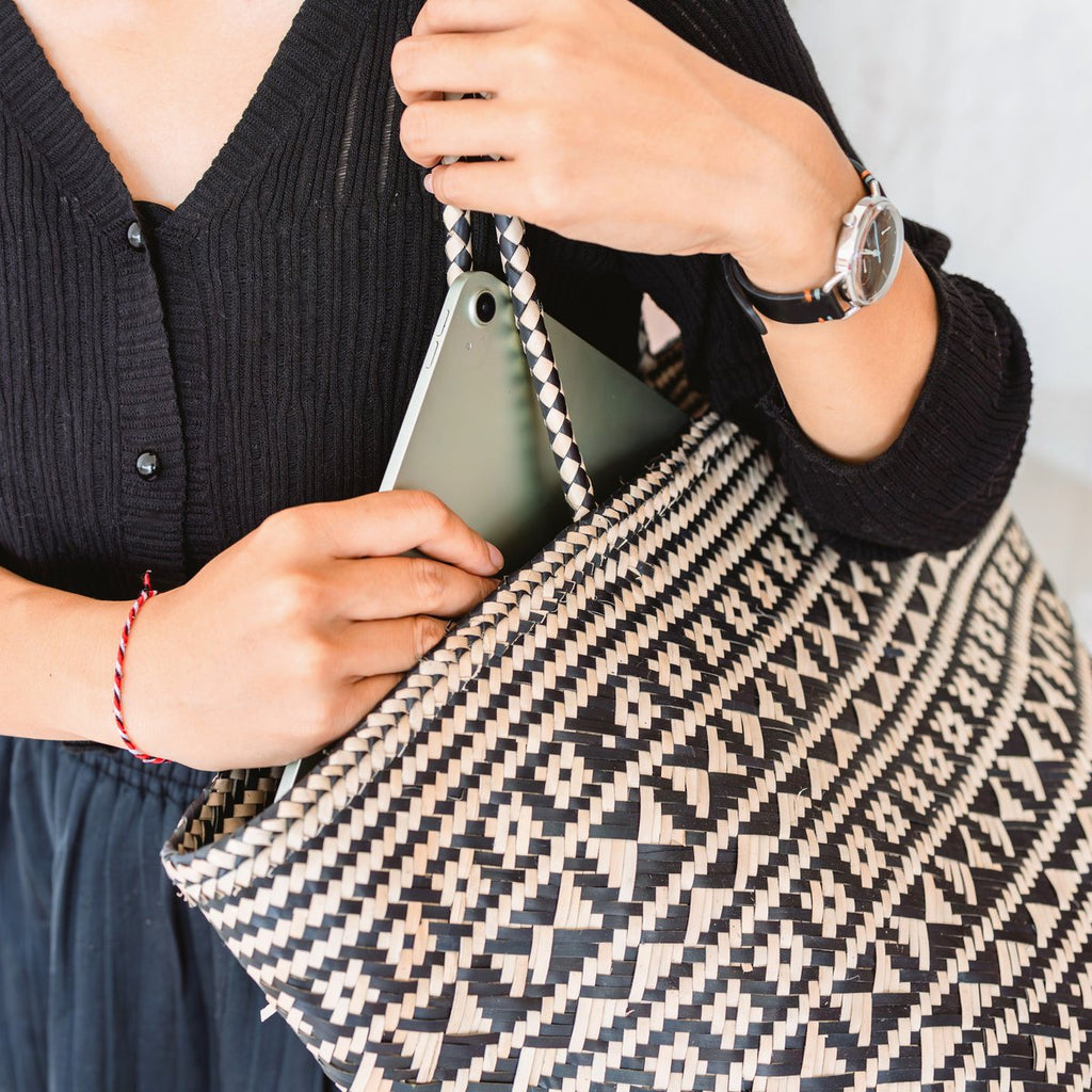 Boho Tote Bag – Seagrass Summer Bag – Shoulder Beach Bag – Woven Natural Bag – Large Boho Shopping Bag KIDUL (black) - LUXONAS HOME