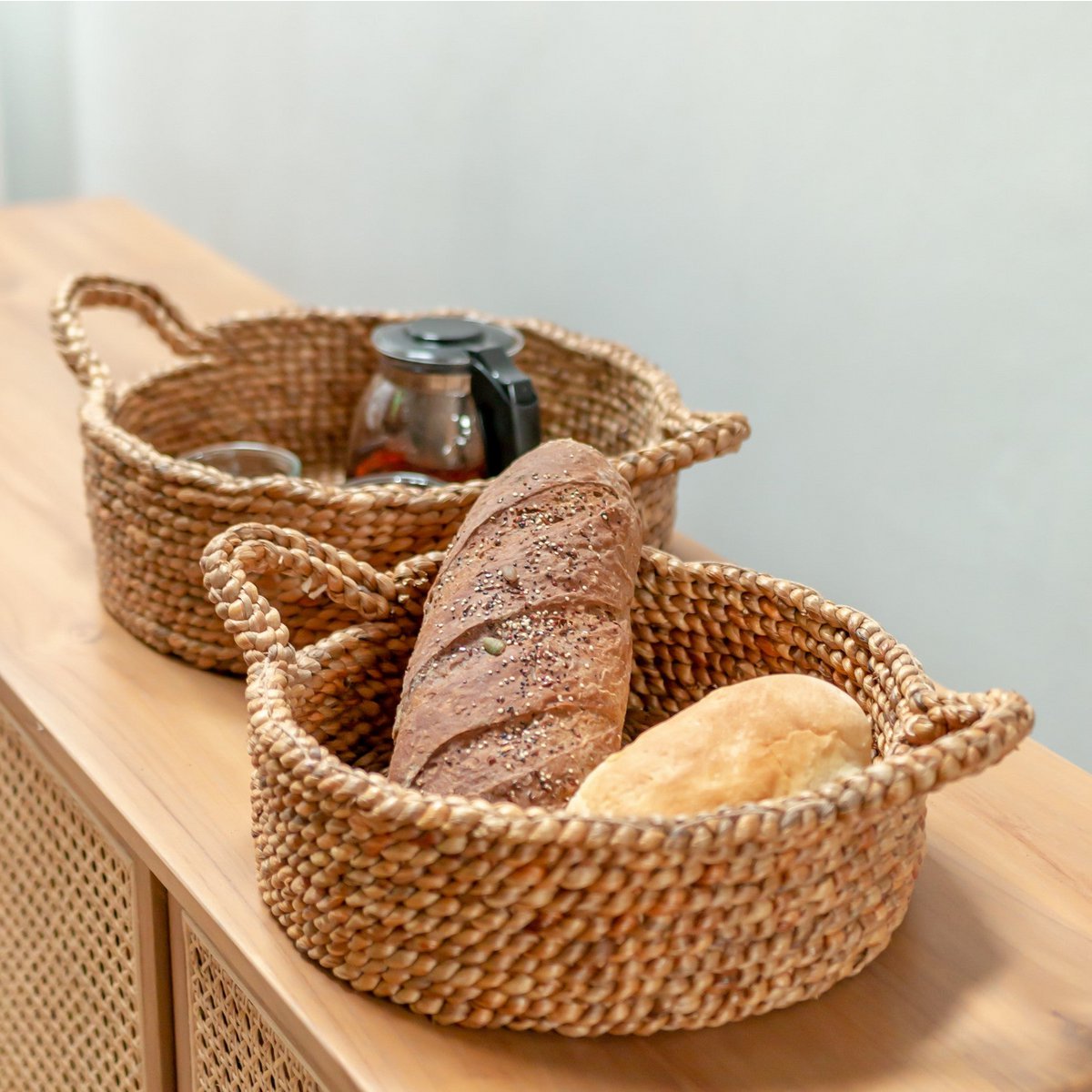 Bread Basket | Small Round Basket | Decorative Woven Storage Basket made of Water Hyacinth JAWAH (2 sizes) - LUXONAS HOME