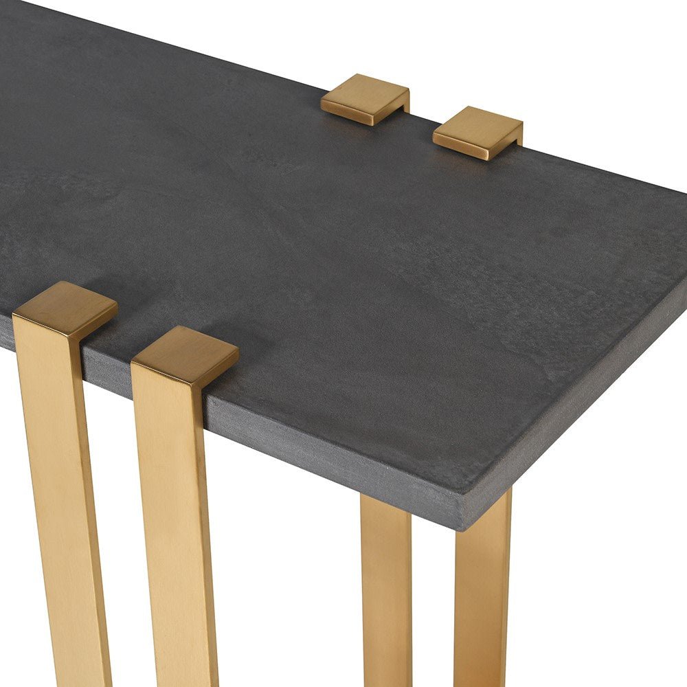 Concrete Effect Console Table with Brushed Gold Stain - LUXONAS