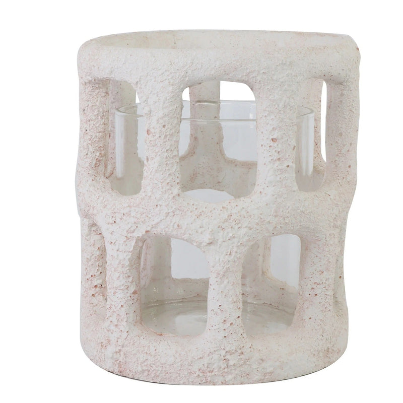 Cream Cement and Glass Candle Holder