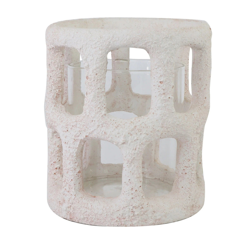 Cream Cement and Glass Candle Holder