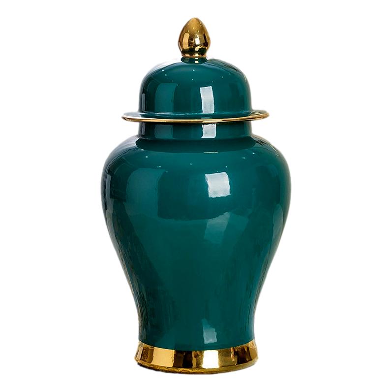 Dark Green Ceramic Jar with Gold Rim