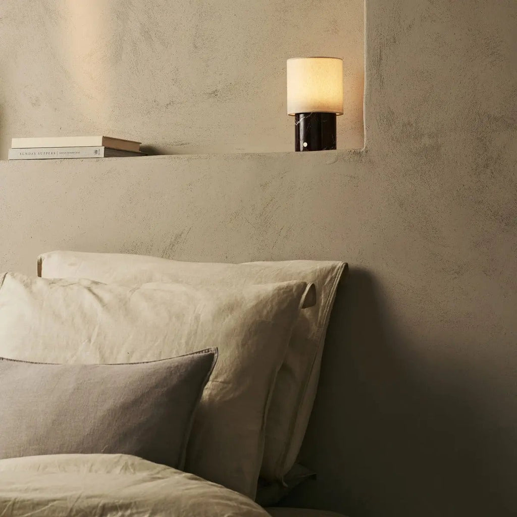 Dou Black – Nero Marquina Marble Rechargeable Table Lamp | Battery, Dimmable & Interchangeable Lampshade - LUXONAS HOME