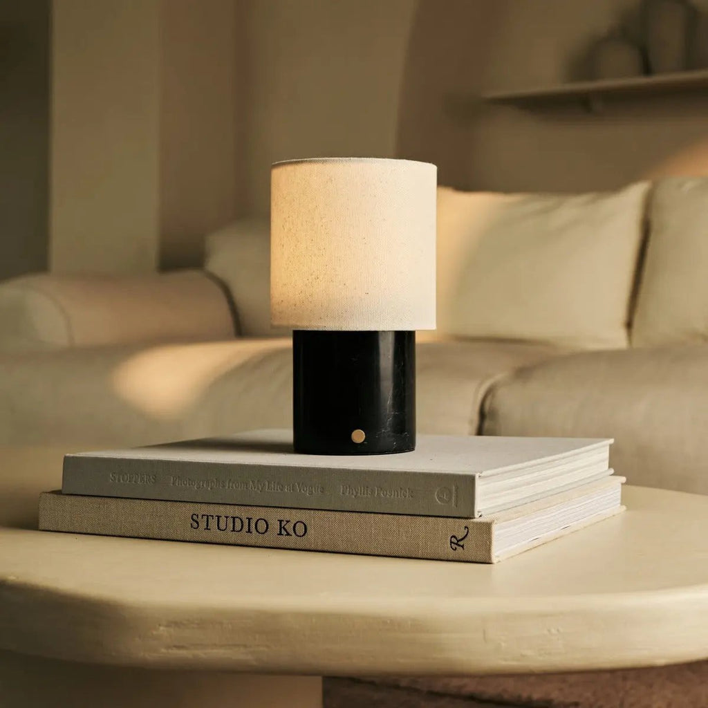 Dou Black – Nero Marquina Marble Rechargeable Table Lamp | Battery, Dimmable & Interchangeable Lampshade - LUXONAS HOME
