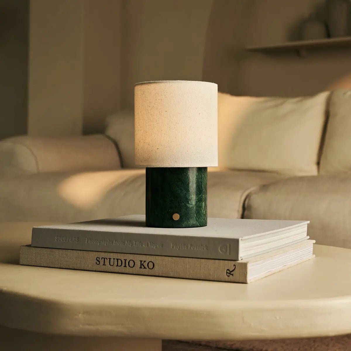 Dou Green – Verde Alpi Marble Rechargeable Table Lamp | Battery, Dimmable & Interchangeable Lampshade - LUXONAS HOME