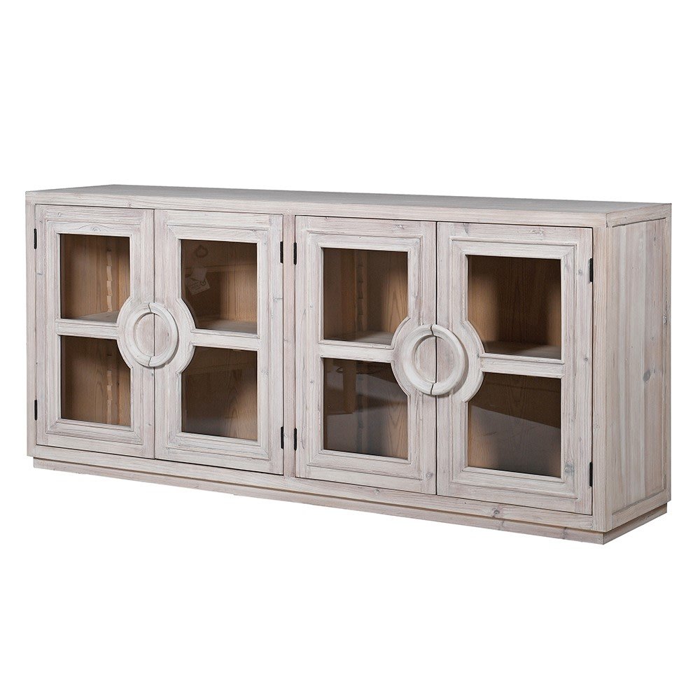 Elegant Glass Front 4 Door Sideboard with Adjustable Shelves