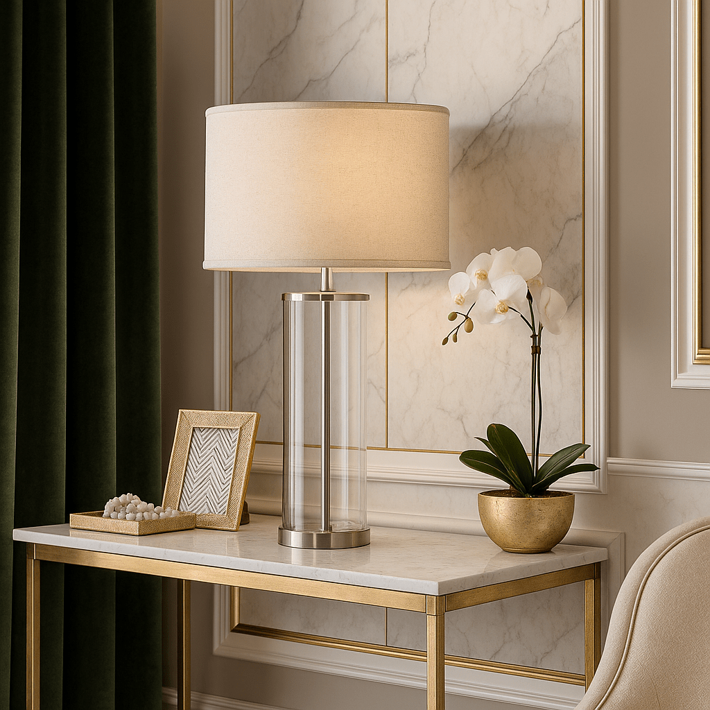 Elegant Glass Table Lamp with Linen Shade - LUXONAS