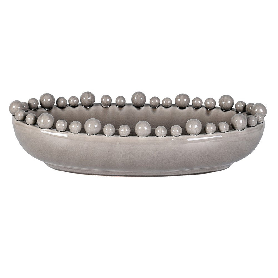 Elegant Grey Oval Stoneware Bowl with Decorative Rim Spheres