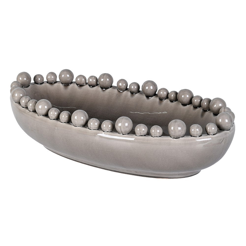 Elegant Grey Oval Stoneware Bowl with Decorative Rim Spheres