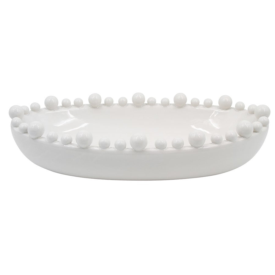 Elegant White Oval Ceramic Bowl with Decorative Rim Balls