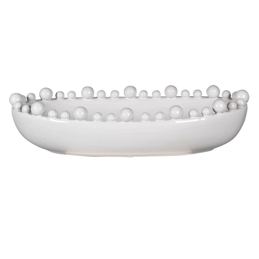 Elegant White Oval Ceramic Bowl with Decorative Rim Balls