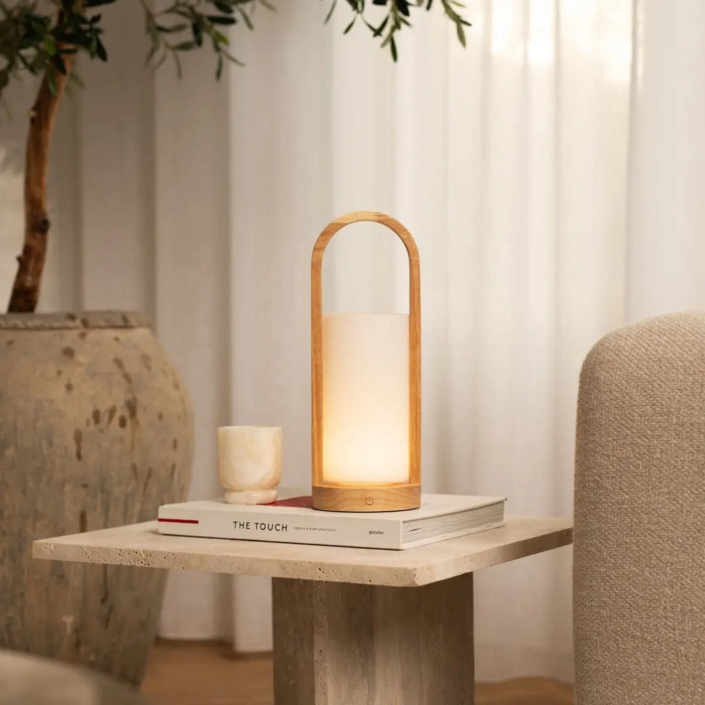 Evie Light Brown Rechargeable Wooden Table Lamp | Dimmable, Cordless & 3 Light Modes - LUXONAS HOME