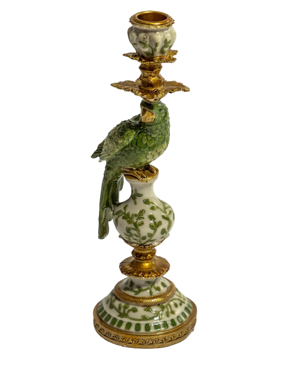 Antiqued Ornate Green/White Parrot Candle Holder