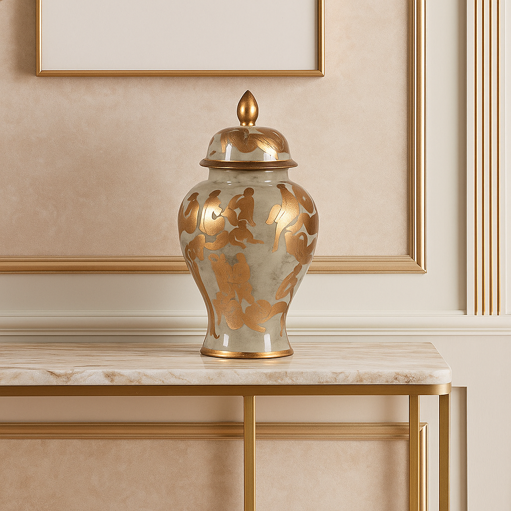 Gold Figures Lidded Decorative Jar