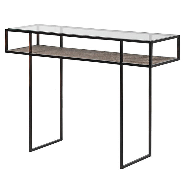 Glass Top Console with Rattan Shelf