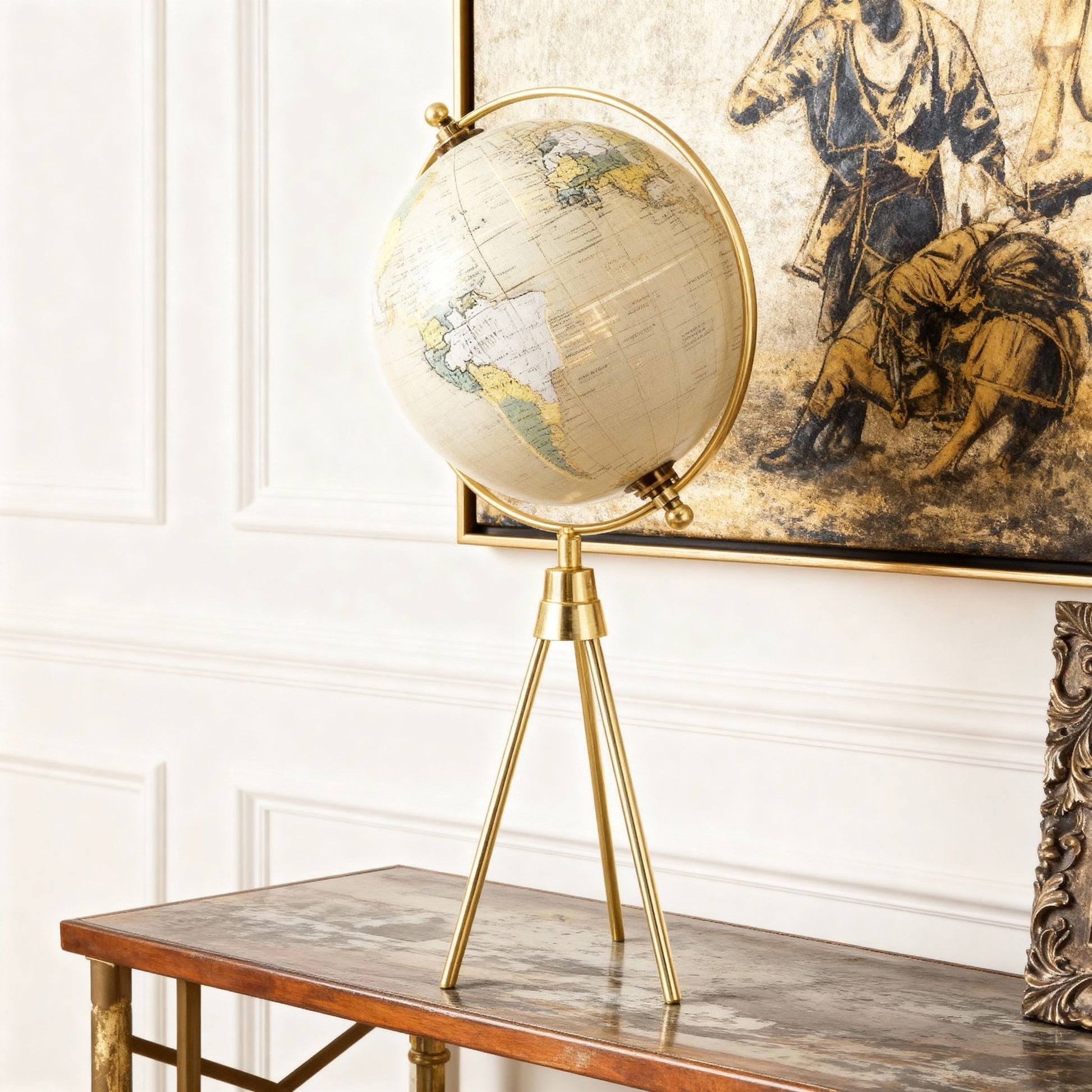 Gold Globe on Metal Tripod Legs - 23cm Decorative Piece - LUXONAS