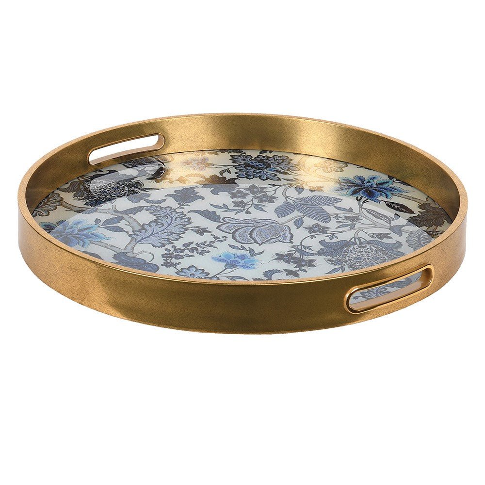 Gold Rim Blue Floral Tray - Elegant Serving and Decorative Piece