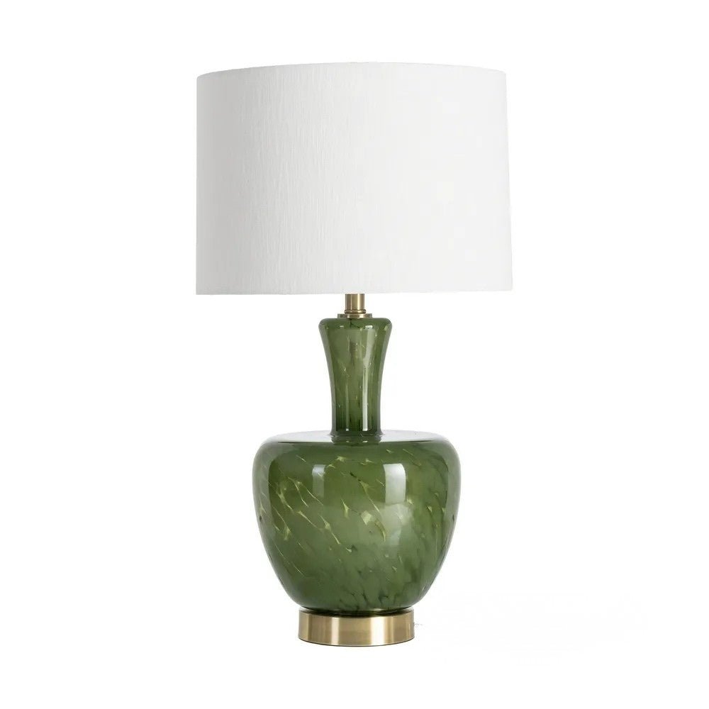Green Glass and Metal Base Table Lamp with Linen Fabric Shade - LUXONAS HOME