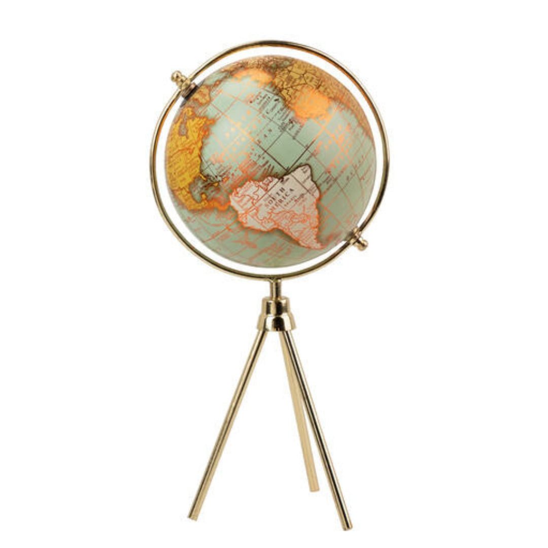 Green Globe on Gold Tripod Legs - 25cm Decorative Accent