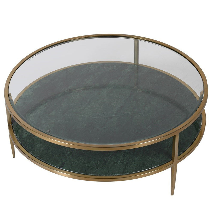 Green Marble Coffee Table with Glass Top and Stainless Steel Frame