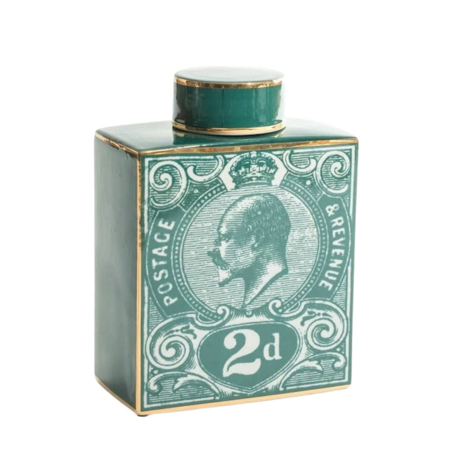 Green Postage Stamp Ceramic Storage Jar