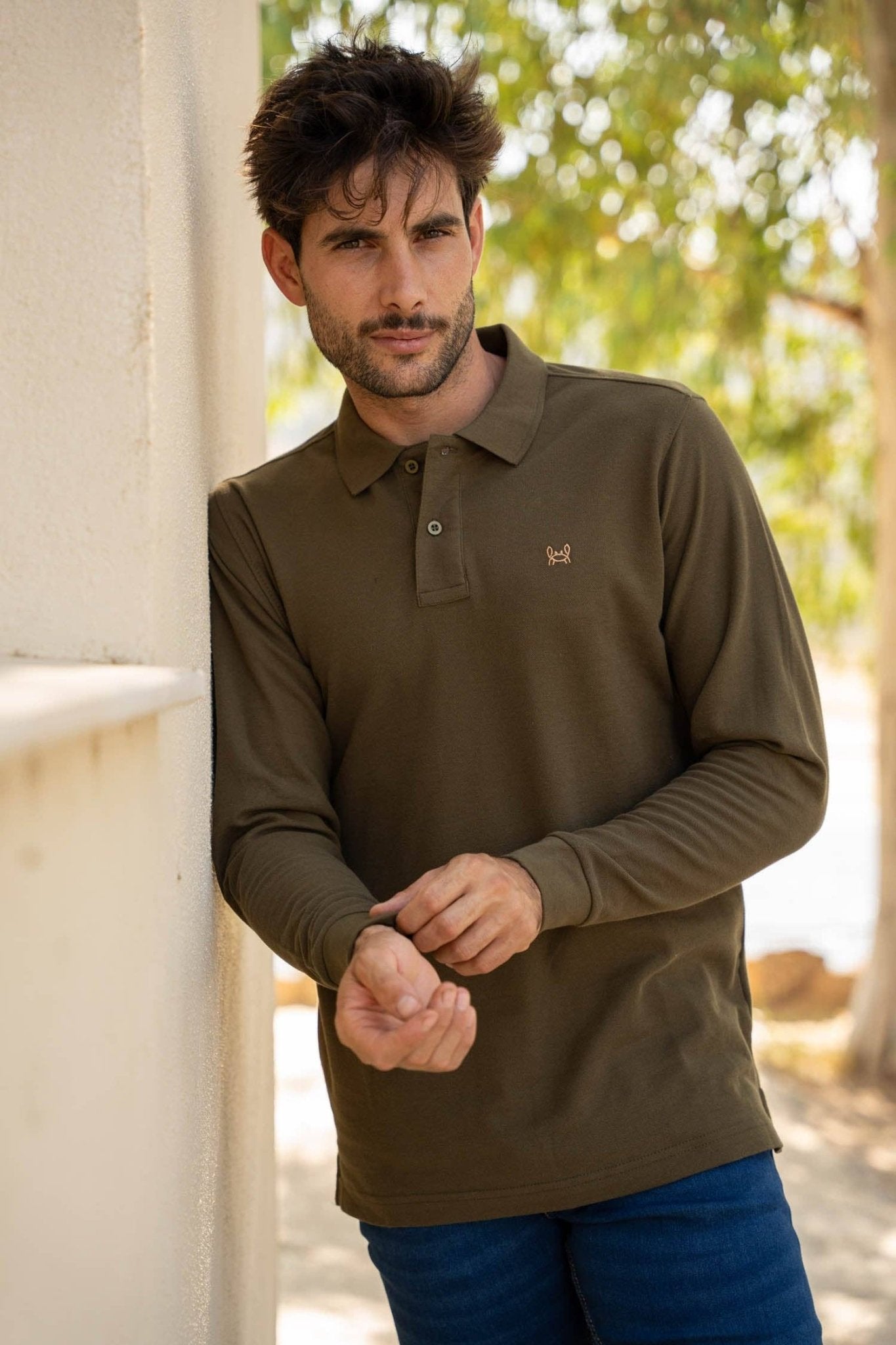 Khaki Green Long Sleeve Polo - LUXONAS HOME
