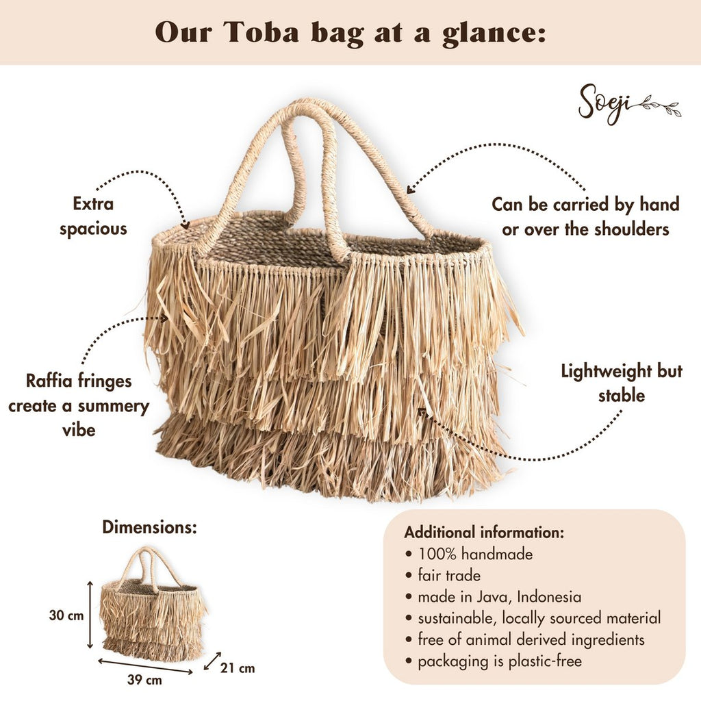 Large Boho Raffia and Seagrass Basket Bag with Fringes – Handmade Summer Tote Bag TOBA - LUXONAS HOME