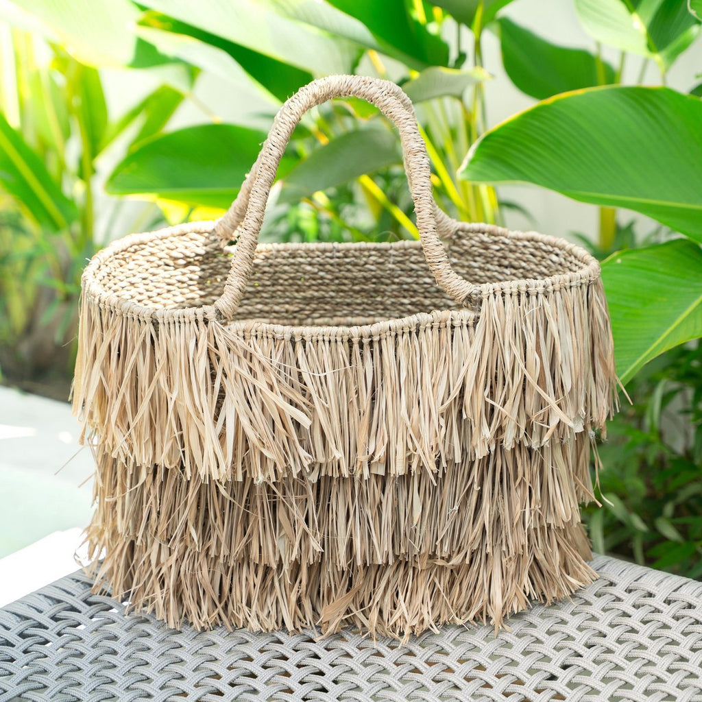 Large Boho Raffia and Seagrass Basket Bag with Fringes – Handmade Summer Tote Bag TOBA - LUXONAS HOME