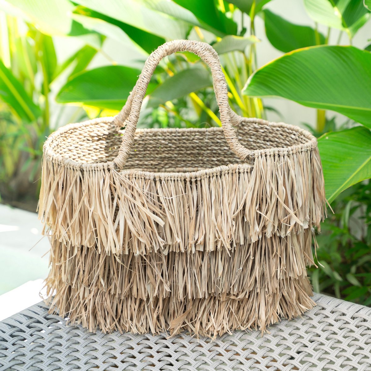 Large Boho Raffia and Seagrass Basket Bag with Fringes – Handmade Summer Tote Bag TOBA - LUXONAS HOME
