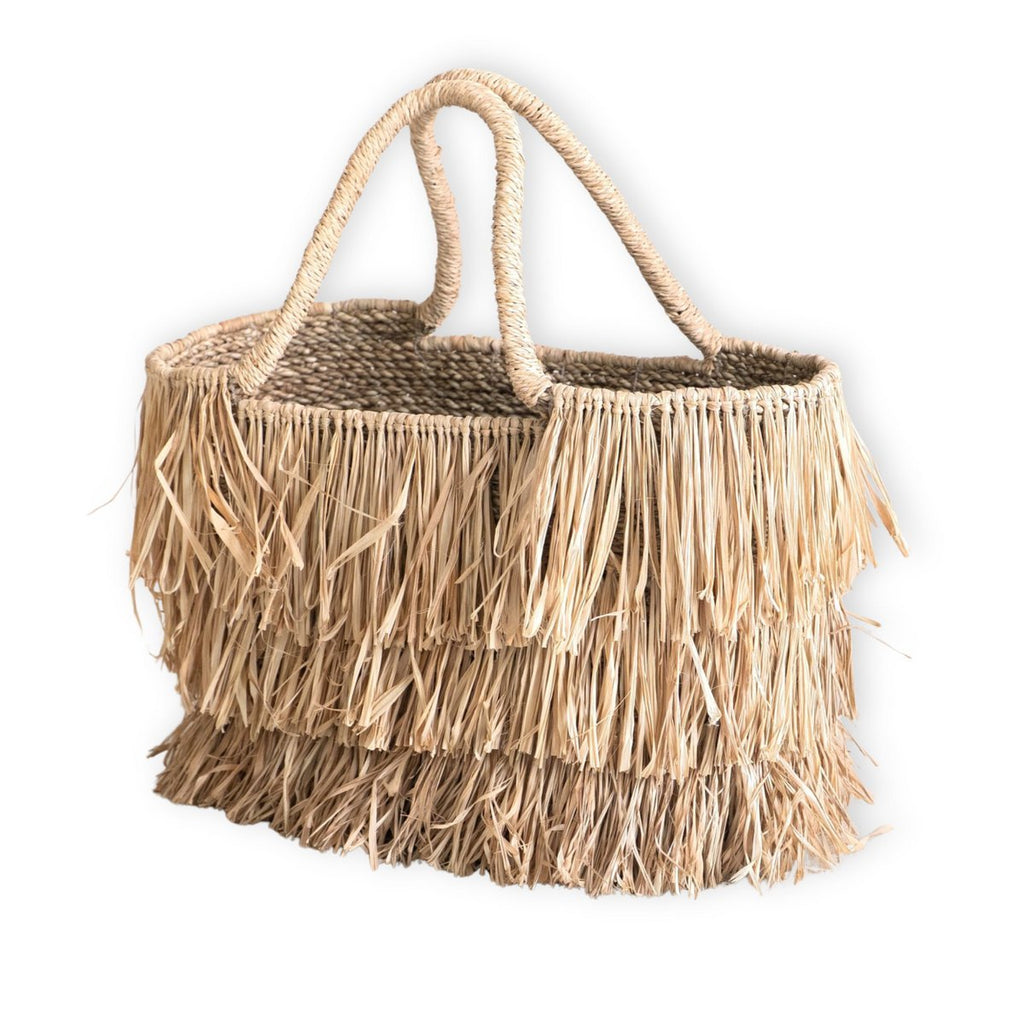 Large Boho Raffia and Seagrass Basket Bag with Fringes – Handmade Summer Tote Bag TOBA - LUXONAS HOME