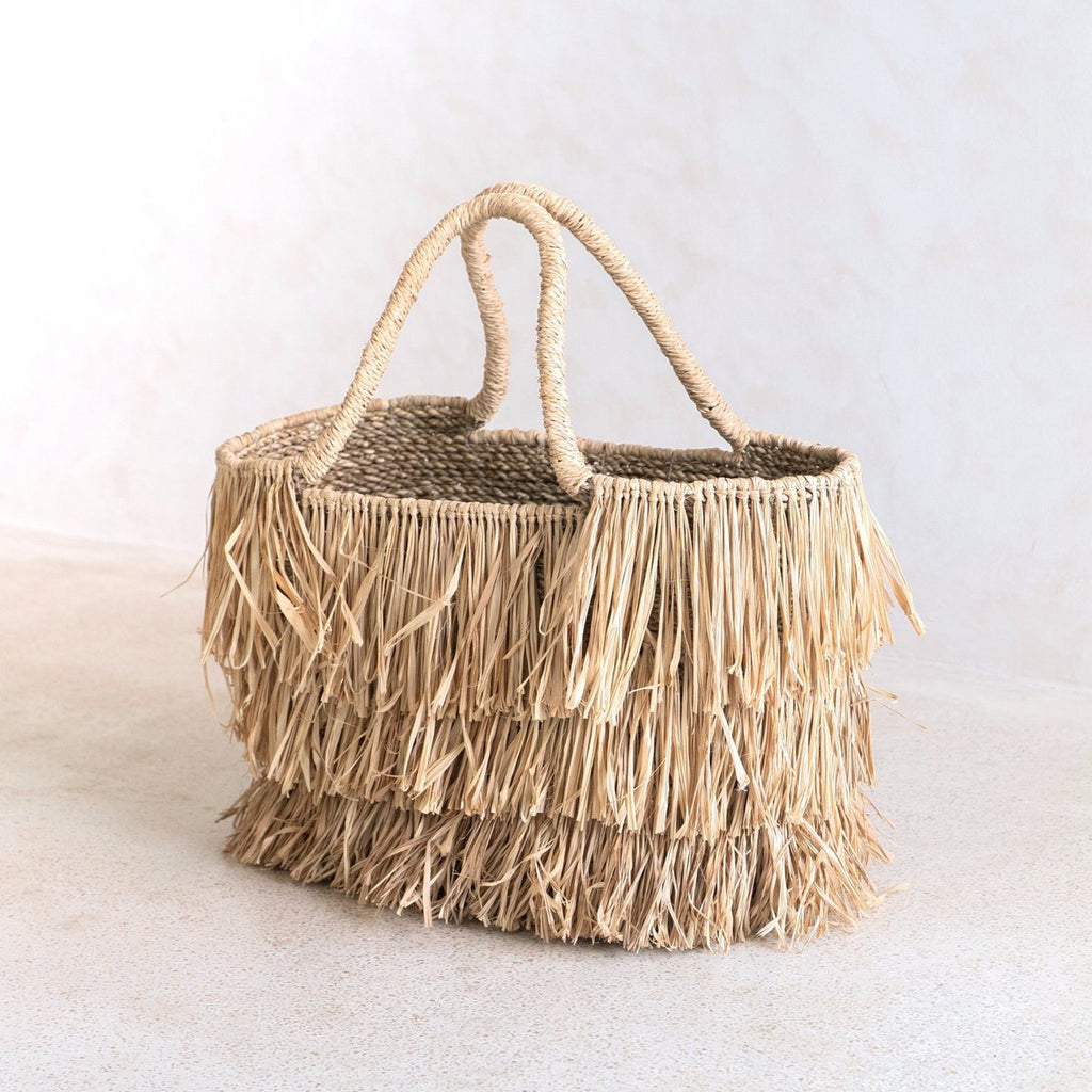 Large Boho Raffia and Seagrass Basket Bag with Fringes – Handmade Summer Tote Bag TOBA - LUXONAS HOME