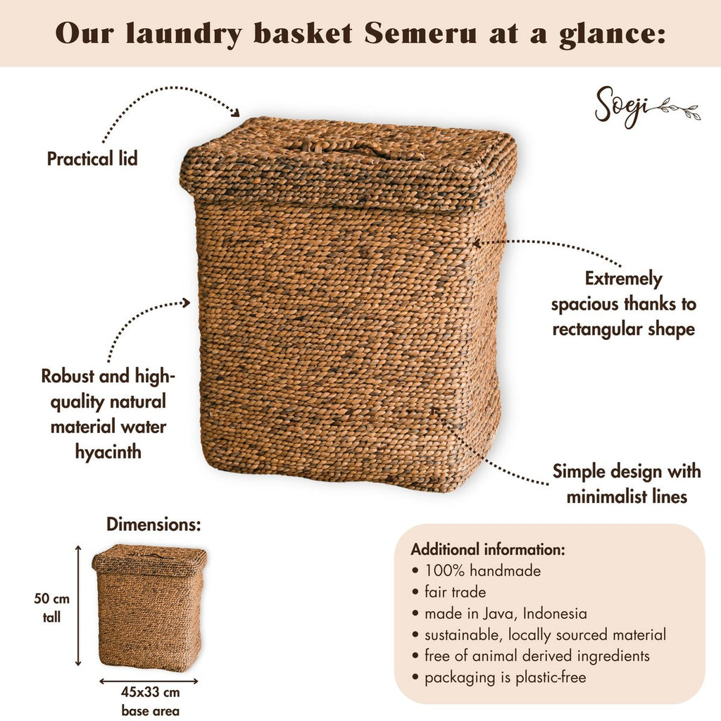 Large Laundry Basket with Lid – Decorative Woven Brown Basket – Rectangular Laundry Hamper – Boho Basket Handmade from Water Hyacinth SEMERU - LUXONAS HOME