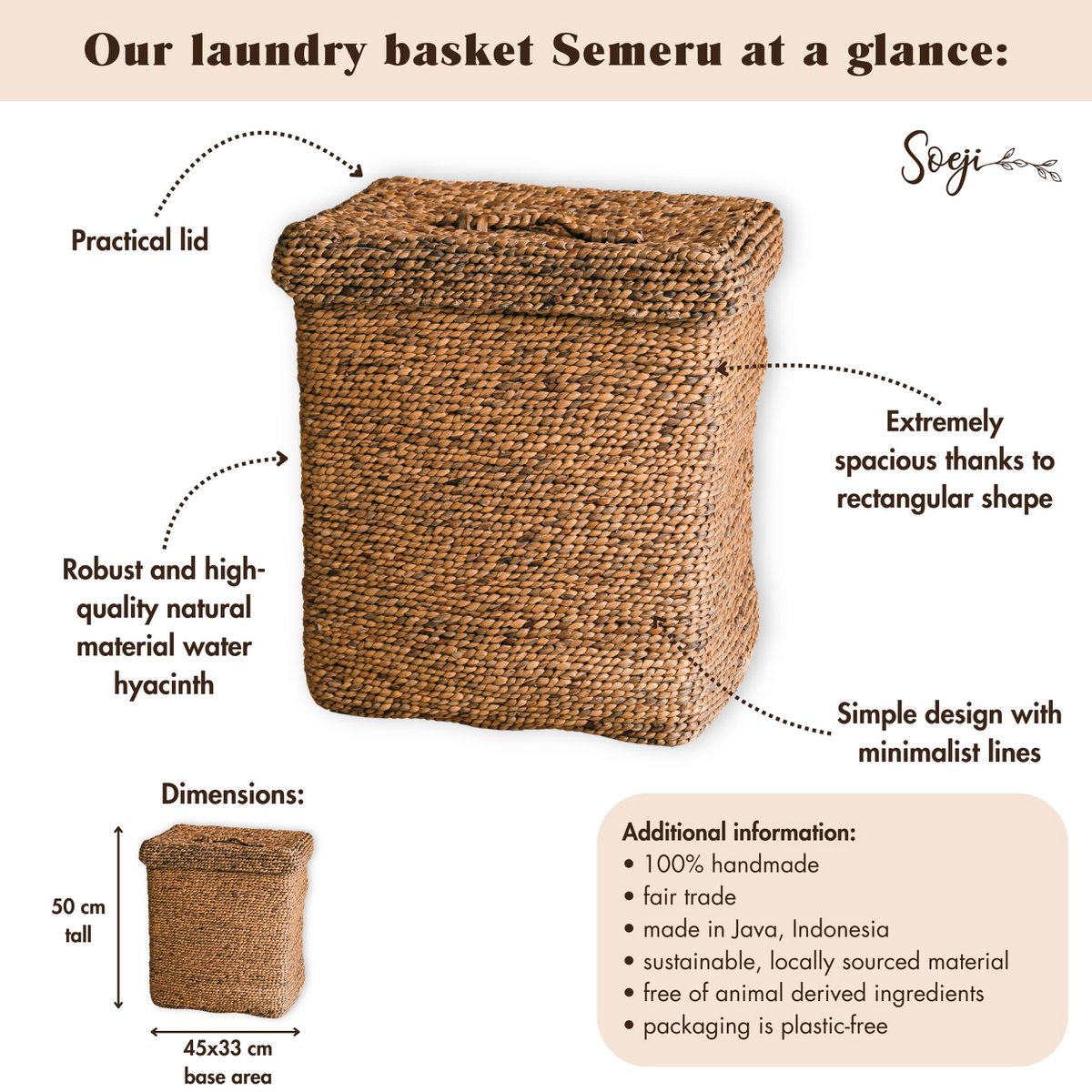 Large Laundry Basket with Lid – Decorative Woven Brown Basket – Rectangular Laundry Hamper – Boho Basket Handmade from Water Hyacinth SEMERU - LUXONAS HOME