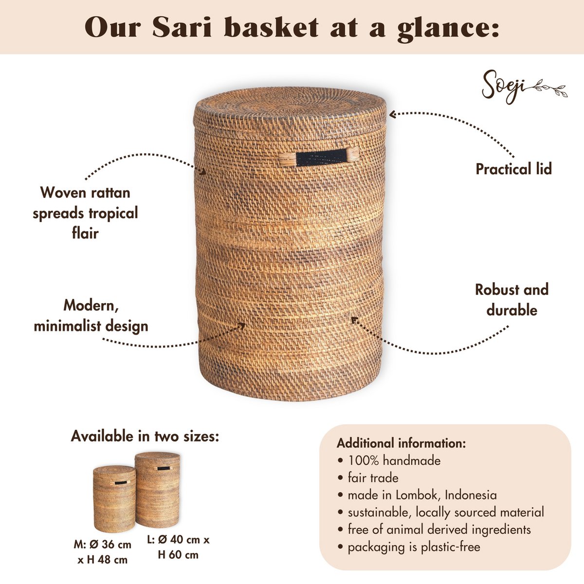 Large Laundry Basket with Lid – Woven Round Basket – Brown Boho Storage Basket – Decorative Rattan Basket (2 sizes Ø 36/40 cm) SARI (brown) - LUXONAS HOME