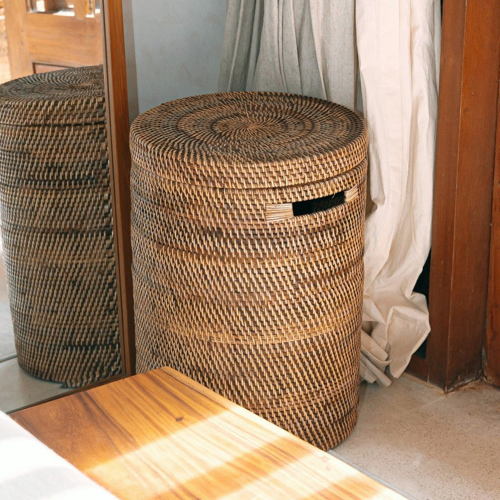 Large Laundry Basket with Lid – Woven Round Basket – Brown Boho Storage Basket – Decorative Rattan Basket (2 sizes Ø 36/40 cm) SARI (brown) - LUXONAS HOME