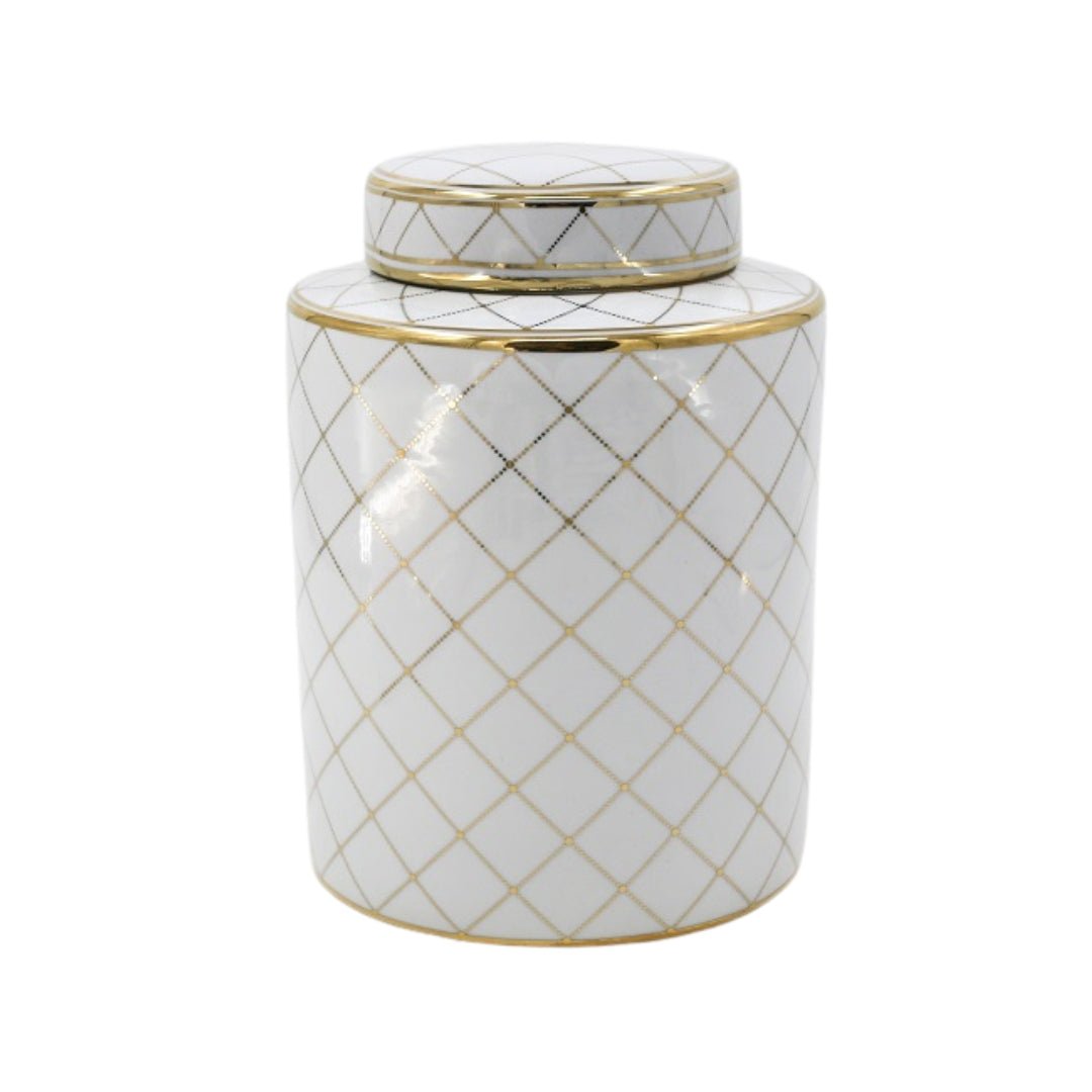 Large Net White & Gold Ceramic Jar - LUXONAS