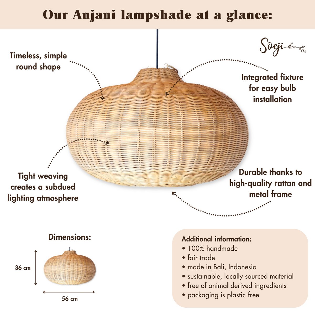 Large Rattan Lampshade – Round Boho Pendant Light – Handmade Rattan Hanging Lamp – Natural Fibre Woven Lampshade (Ø 56 cm) ANJANI - LUXONAS HOME
